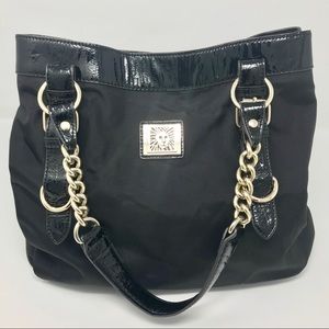 Anne Klein Black Canvas Patent Leather Tote Bag.